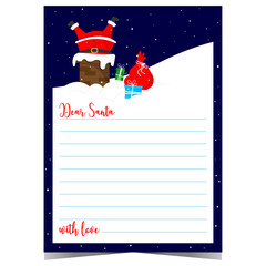 Christmas letter or wish list with funny Santa character got stuck up the chimney. Ready to print vector postcard with blank lines to fill out with greeting message.