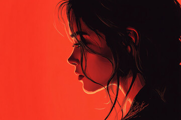Naklejka premium Profile of a pensive woman against a vibrant red background, with flowing hair and dramatic lighting. The artwork evokes emotions of introspection and serenity,...