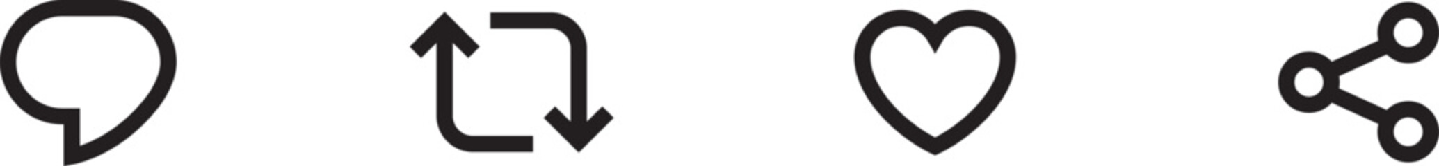 generic social media user interface icons. Like, comment, share save icons. Arrow line flat icons set, editable stroke isolated on white, linear vector outline illustration, symbol logo design style