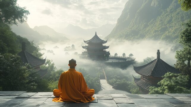 A Buddhist monk meditates in front of a temple nestled in a misty mountain valley.