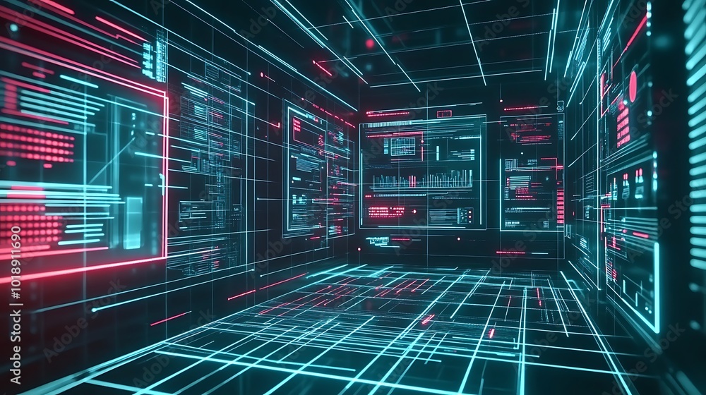 Poster a futuristic digital room with glowing blue and red lines and data screens.
