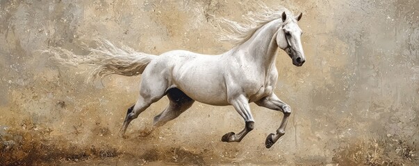 Fototapeta premium A white horse galloping freely, embodying power and grace.