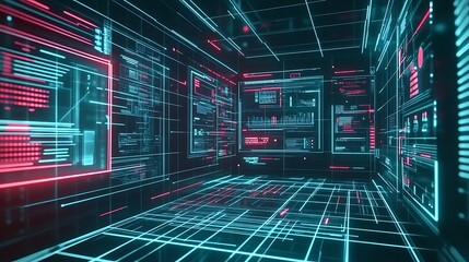 A futuristic digital room with glowing blue and red lines and data screens.