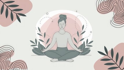 Fototapeta premium Minimalistic wellness illustration with a person meditating, abstract nature elements, and calming pastel tones, symbolizing mental and physical health
