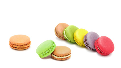 Sweet colorful varied assortment macarons cookies with filling isolated on a white background. Handmade traditional sweets. Clipping Path.	