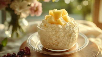 Cottage cheese with pineapple in a glass bowl on a table.