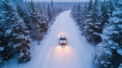 A car drives down a snowy road through a forest.