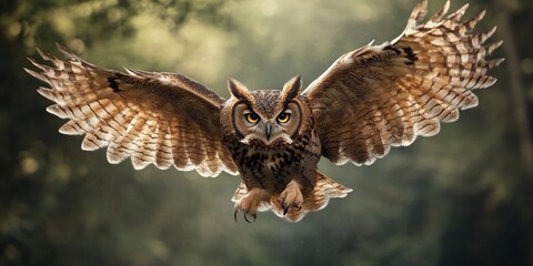 Obraz premium A majestic owl with wings outstretched, soaring through a lush forest.