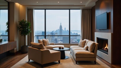 Luxurious apartment interior cozy living space with seating fireplace  large window showcasing city view plus mounted flat-screen TV