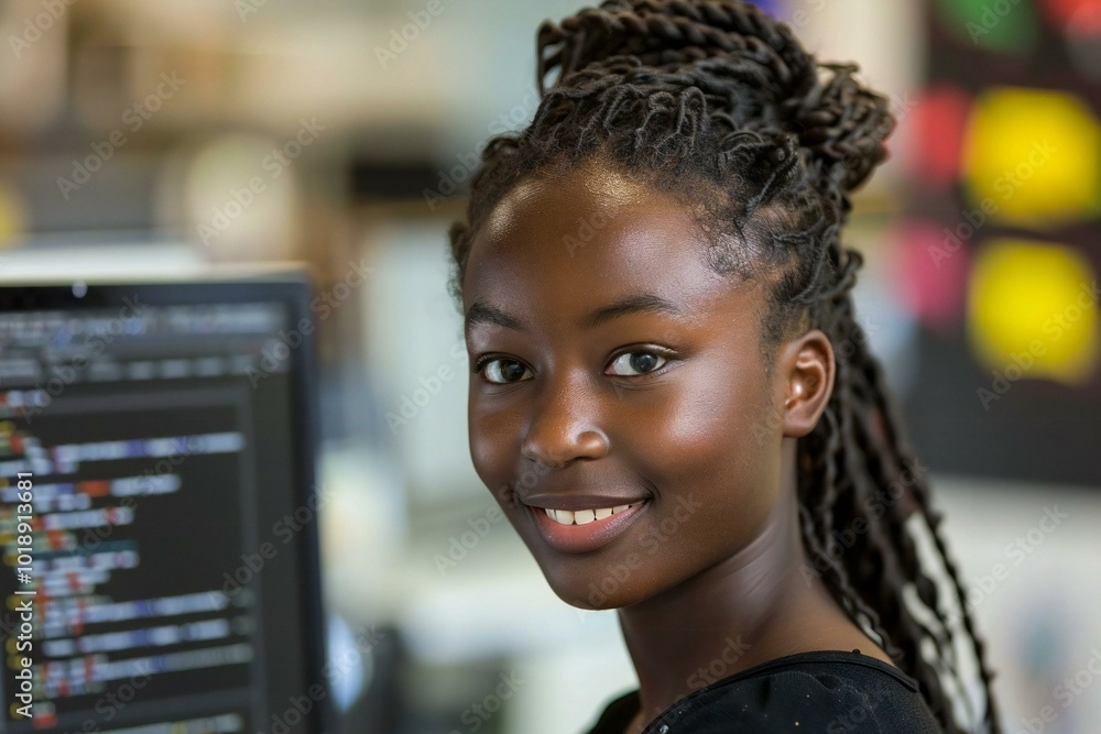 Poster african american female web developer coding happily in her office for online programming classes.