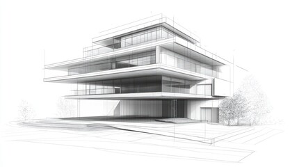 Abstract 3D architectural structure with a modern backdrop in line art.