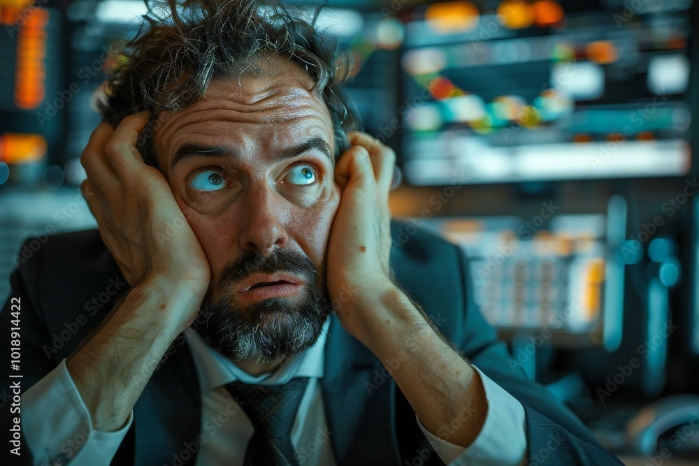 Poster businessman looking worried and stressed in front of a computer screen displaying a ransomware attac