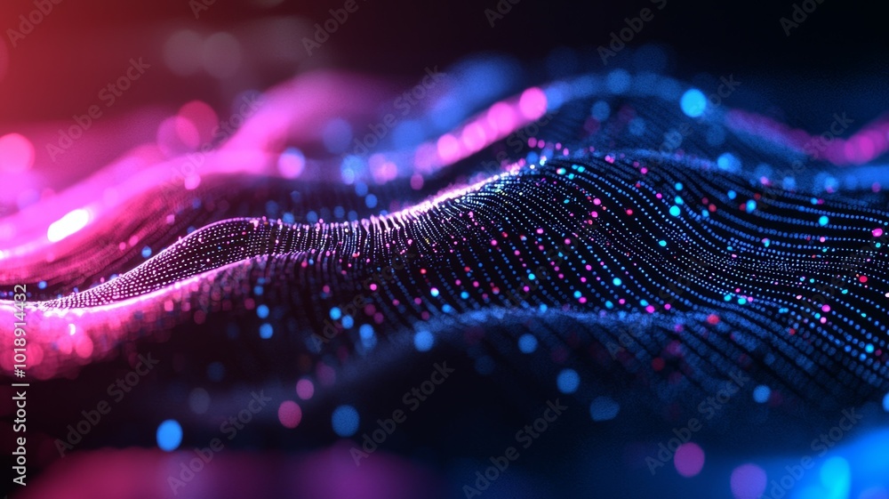 Poster colorful abstract digital waves with glowing particles in a dark setting illustrating technology and