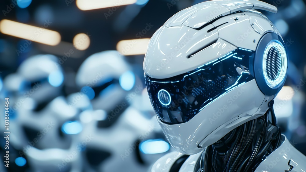 Poster futuristic humanoid robots with led features displayed at a technology exhibit in a modern conventio