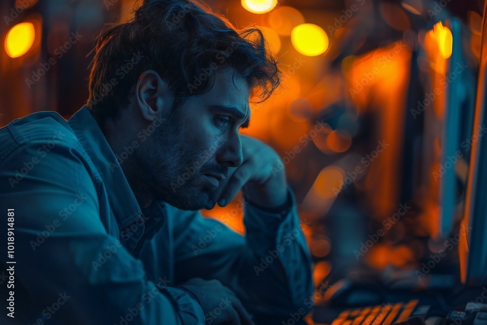 Poster photo of a sad developer sitting at his computer coding software, looking stressed and unhappy in hi