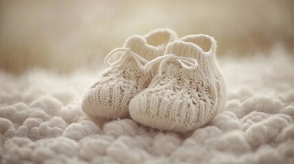 Gender neutral knitted baby booties for babies. Baby's first shoes are handmade and exude warmth and cosiness. Illustration for banner, poster, cover, brochure, postcard or presentation.