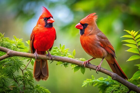 Male and Female Cardinal Birds Perched Together on a Branch in a Lush Natural Environment