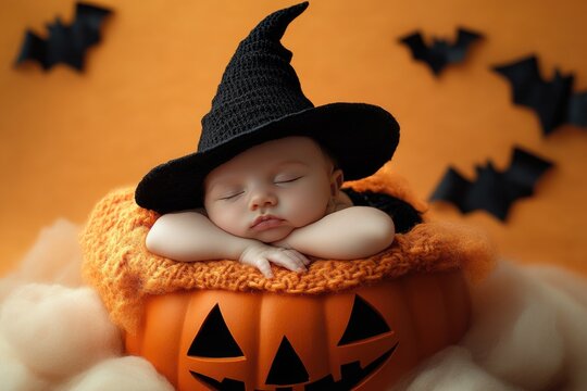 Cute Sleeping Baby Dressed as a Witch in a Halloween-Themed Setting