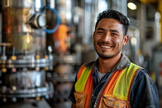 Portrait of a young Hispanic factory worker technician in safety uniform smiling in front of industrial machinery.