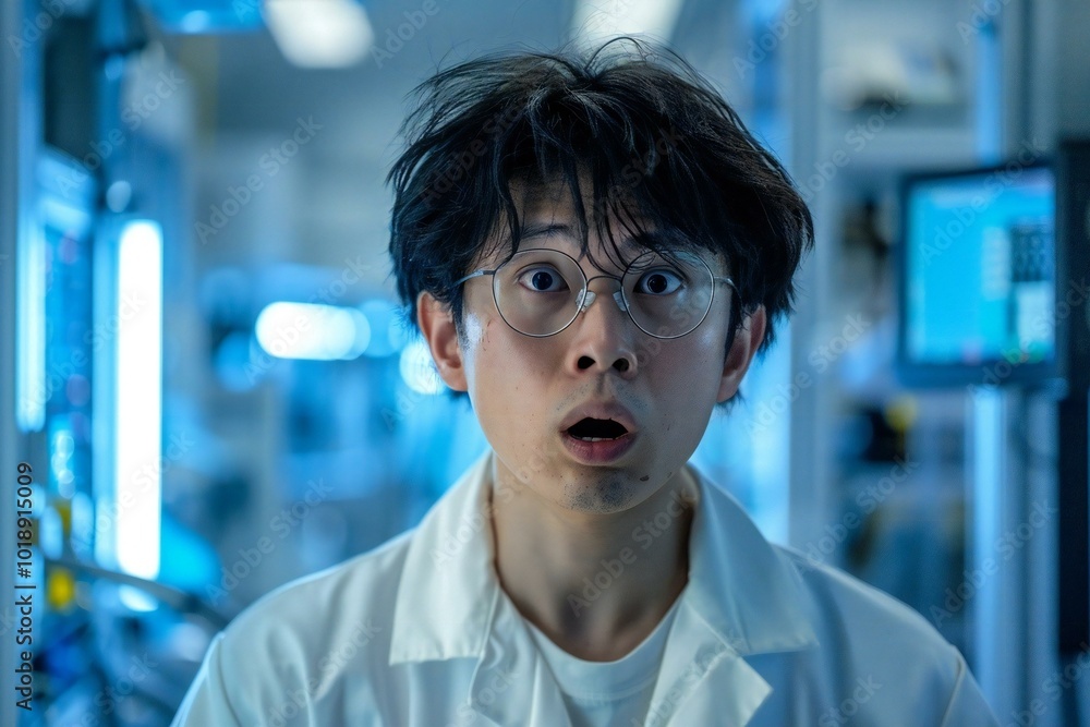 Poster an engineer looking shocked and overwhelmed in an automated semiconductor factory during a ransomwar