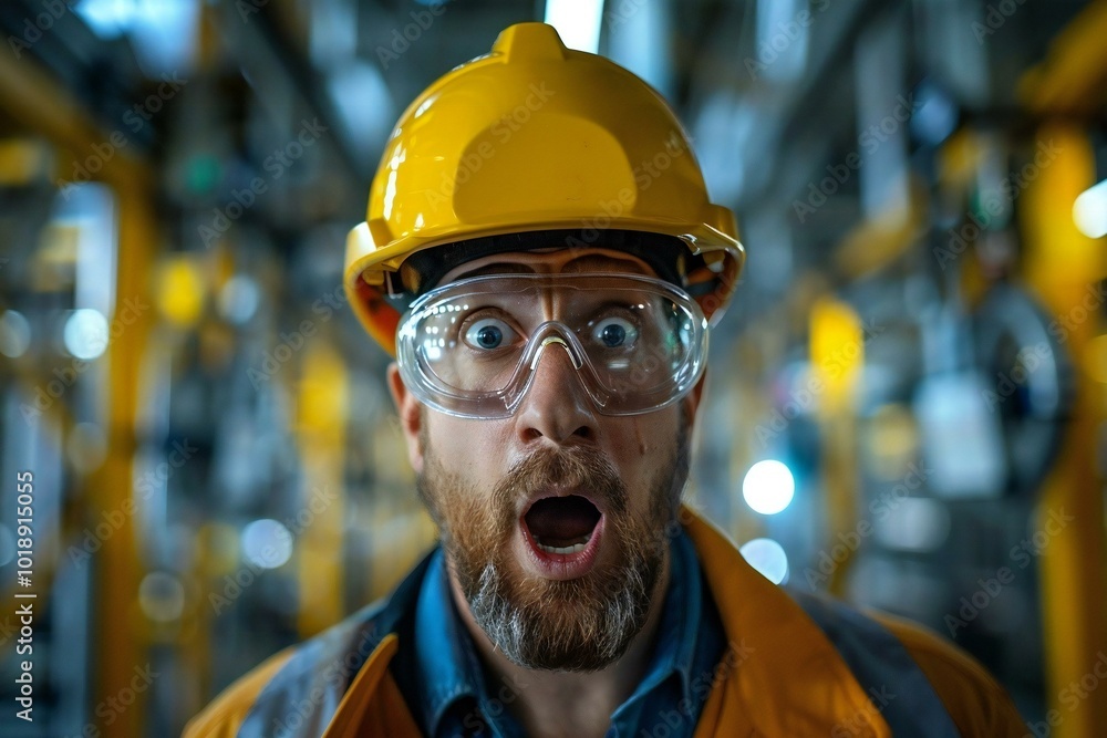Poster an engineer's shocked face as a modern car factory is hit by a ransomware attack, showing the vulner