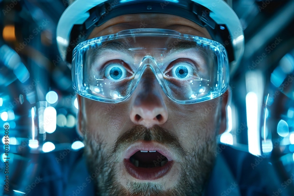 Poster close-up photo of a shocked engineer in an automated semiconductor factory during a ransomware attac