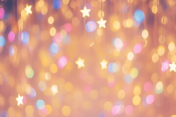 Obraz premium Abstract colorful bokeh lights and stars background. Glittering shine lights. Christmas and New Year decorations. Festive backdrop for wedding, birthday, Valentine Day, party