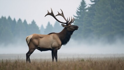 Fototapeta premium Majestic elk bugling amidst a mist-shrouded forest captured in 4K hyperrealism