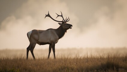 Majestic elk calls amidst early morning mist with watercolors conveying a sense of untamed liberty