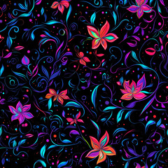 Bright neon pink, blue and purple seamless floral pattern
