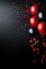 Black and Red Balloons with Confetti on Dark Background