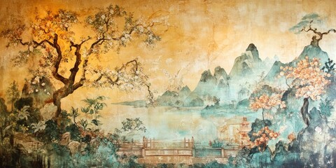 A traditional Asian-inspired mural depicting a peaceful landscape with a bridge, mountains, trees, and water.