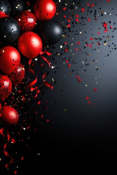 Black and Red Balloons with Confetti on Dark Background