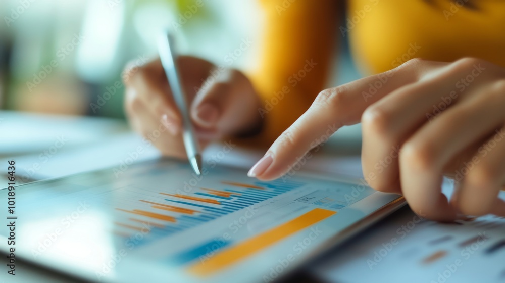 Poster analyzing data on digital tablet screen
