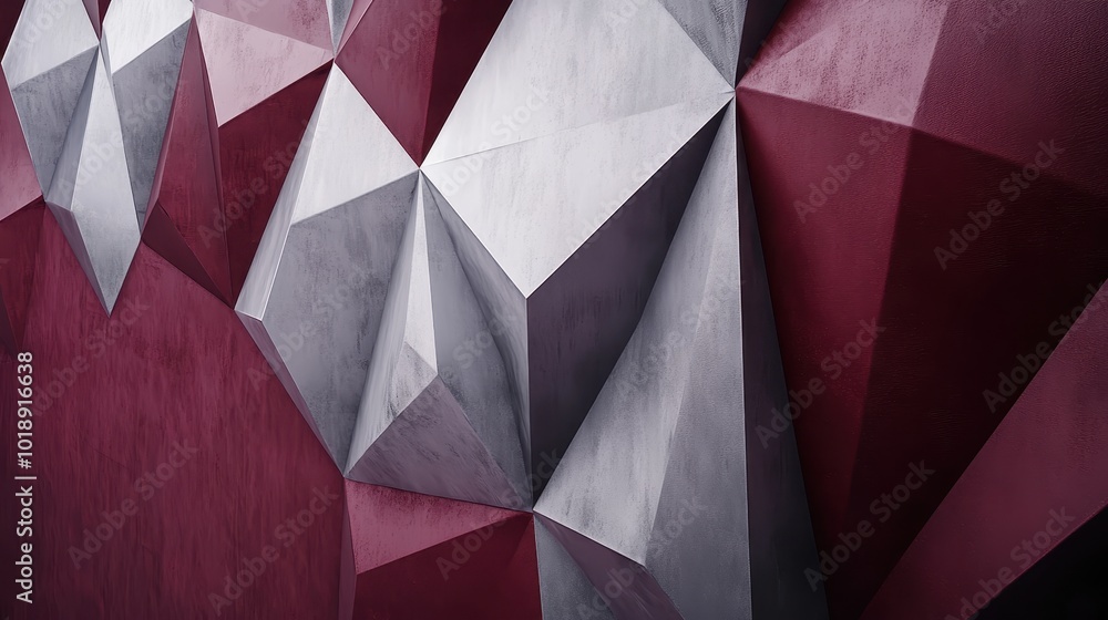 Poster series of geometric shapes forming a three-dimensional abstract pattern with shades of pink and grey