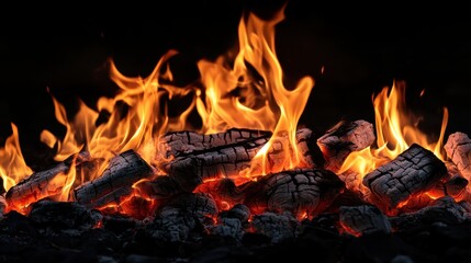 Close-up of burning firewood with flames and embers