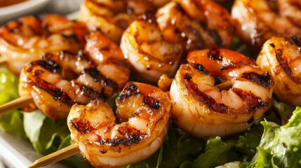 Grilled Shrimp Skewers Served on Fresh Greens