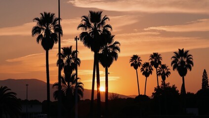 A sunset scene featuring the silhouettes of palm trees