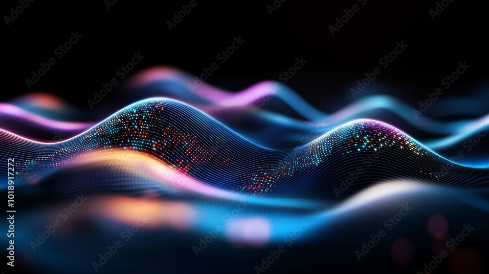 Poster abstract visual of colorful flowing waves in dark space showcasing vibrant light patterns and smooth