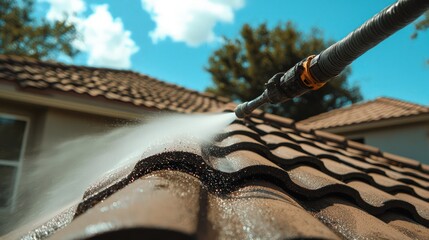 Action shot a roof being power-washed, emphasizing maintenance and cleanliness.
