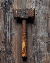 rusty hammer on wooden background