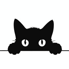 A black cat peeking out from behind a surface, with only its eyes and the top of its head visible 