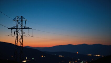 Striking abstract portrayal of energy and technology through electrifying nighttime scene of bokeh lighted power lines