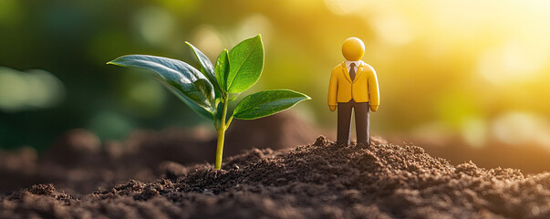 A miniature figure in business attire stands beside a young plant, symbolizing growth and sustainability in nature.