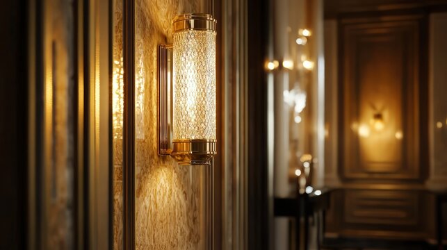 An elegant wall sconce with crystal textures and a gold finish, enhancing room aesthetics.