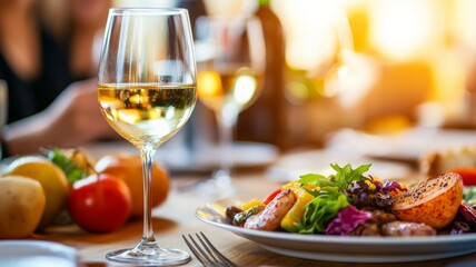 A fine dining experience with a glass of white wine and a vibrant gourmet salad at sunset