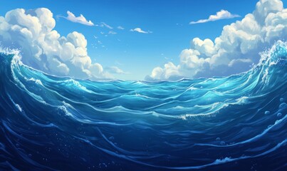 Sea or Ocean water surface with waves movement , sky and underwater