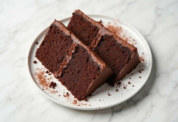Delicious truffle cake slice with cocoa and cream on an elegant porcelain plate.

