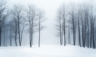 Serene snowy forest with bare trees standing tall against a backdrop of soft, frosty mist