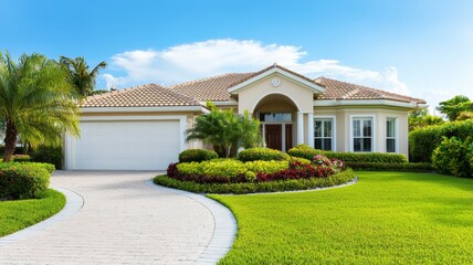 Elegant suburban home with lush landscaping and driveway under sunny blue sky